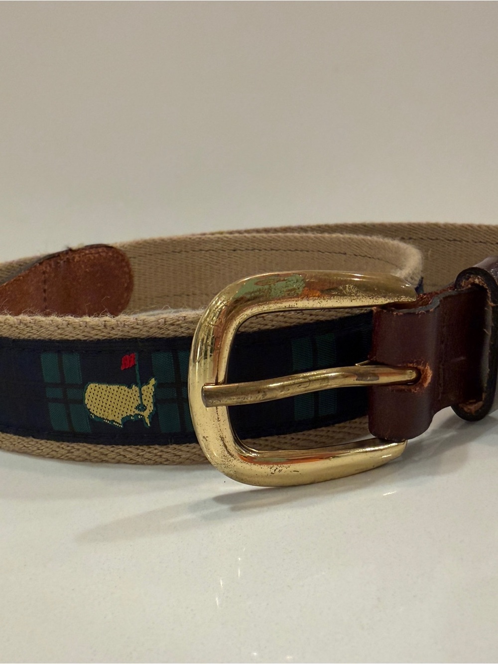 Masters Golf Plaid Ribbon Canvas Belt Sz 36 Leather Brass Augusta Logo Embroider